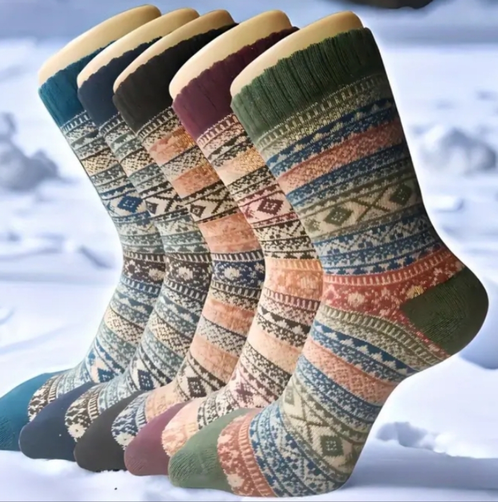 5 Pair Bundle Nordic Boho Fair Isle Socks Cozy Winter Cabin Boot Crew Socks